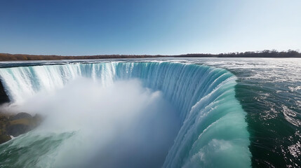 Majestic horseshoe waterfall cascading into mist under a clear blue sky. The powerful display of nature's force and beauty, a tranquil scene with the horizon in the distance.