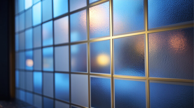 Backlit frosted glass wall with repeating grid pattern, soft blue and gold lighting, modern interior design, abstract texture, calm and serene atmosphere