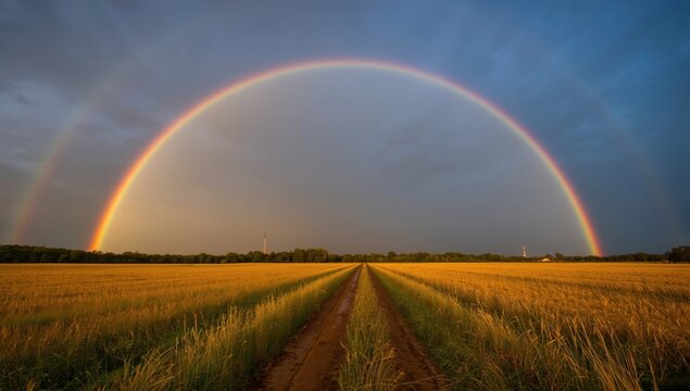 A vibrant double rainbow arches over a golden wheat field, creating a path to the horizon