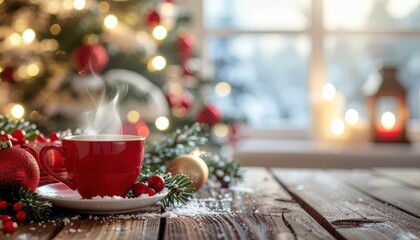 Warm cup of coffee surrounded by festive decorations cozy living room holiday vibes natural light winter theme
