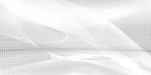 Abstract white digital dynamic wave background with dot. Abstract tech network connection dots. Digital technology and big data analysis background.