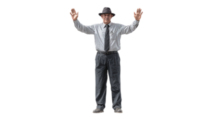 A middle-aged Caucasian man in a gray suit and hat raises his hands, conveying a sense of surrender or surprise on a transparent background.