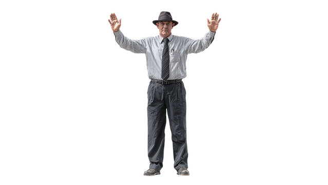 A middle-aged Caucasian man in a gray suit and hat raises his hands, conveying a sense of surrender or surprise on a transparent background. - Powered by Adobe