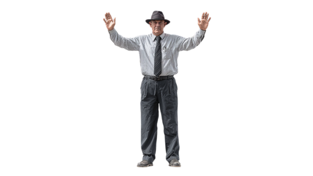 A middle-aged Caucasian man in a gray suit and hat raises his hands, conveying a sense of surrender or surprise on a transparent background.