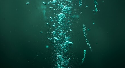 Bubbles rise in deep ocean water with abstract organic forms