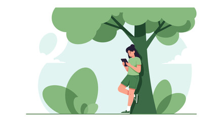 Woman Leaning Against A Tree Using A Tablet, Outdoors In A Bright Daylight Scene