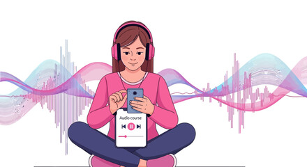 Woman Listening To Audio Course via Smartphone with Sound Visualizations Background