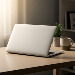 Fototapeta premium Sleek Laptop on Wooden Desk with Coffee Cup and Plant Simple Minimalist Workspace Cozy Home Office Setup for Focus and Productivity