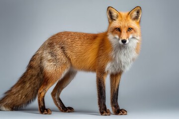 Obraz premium Red fox standing on a gray background looking forward