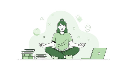 Woman Meditating Whilst Studying With Laptop And Books For a Balanced Life