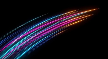 Dynamic neon light streaks zoom across dark background