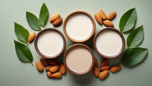 bowls of milk are surrounded by almonds and green leaves healthy eating plant based - Powered by Adobe