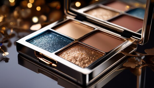 luxury eyeshadow palette with glittering shades on silver plate dramatic editorial beauty product photography for cosmetics branding and fashion campaigns