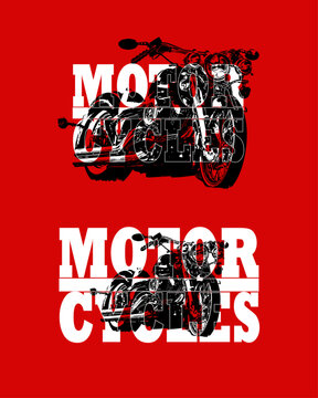 Motorcycles illustration: A graphic design features two dynamic motorcycles, each intricately detailed in a stylish red and black color scheme.