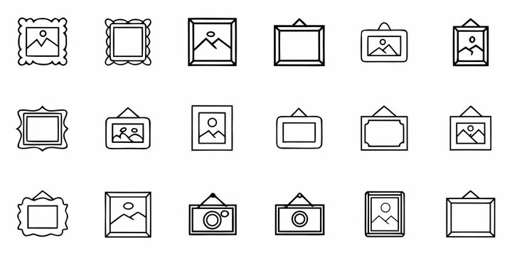 Collection of various decorative picture frames and hanging frames with different designs and orientations