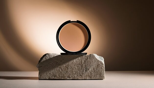 round highlighter palette with glowing shades on stone block modern luxury beauty editorial photography for branding skincare and cosmetics advertising