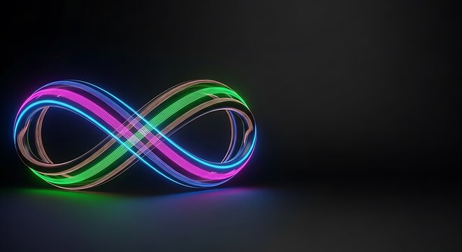 Vibrant infinity symbol glows with neon radiance against a dark background, perfect for tech, innovation, or limitless potential concepts