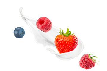 Berry Fruit with Milk Splash On White Background