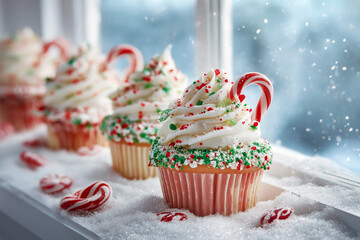 Festive cupcakes with whipped cream, red and green sprinkles, and candy cane decorations on a snowy windowsill
