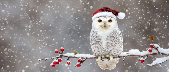 Obraz premium Snowy owl wearing a Christmas hat perched on a branch with red berries in a snowy winter scene