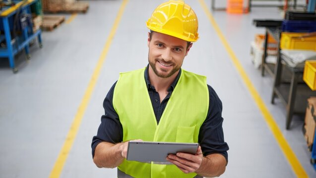 Smiling male worker in a yellow hard hat using a tablet in a warehouse