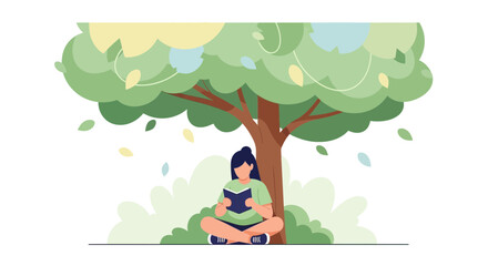 Woman Reading Beneath a Green Tree on a Sunny Day for Peace and Enjoyment