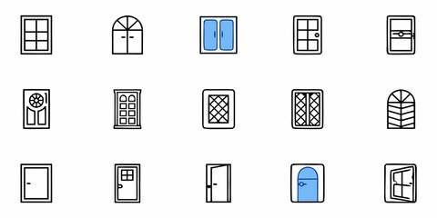 Fototapeta premium Collection of fifteen different door and window icons with various styles and designs shown together