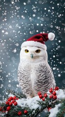 Obraz premium Snowy owl wearing a Santa hat sits on a snowy branch with holiday decorations in a winter wonderland scene