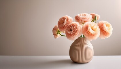 close up of delicate peach pink flowers in minimal ceramic vase soft neutral background for modern editorial floral design