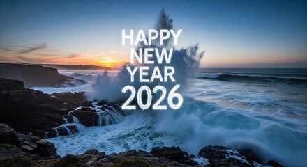 Happy New Year 2026 Celebrate Coastal Ocean Waves Sunrise