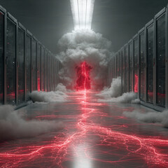 Shadow AI infiltrates glowing server room with holographic energy and dynamic effects