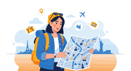 Woman Traveler Exploring Map With Landmarks Planning Trip To New Destinations Abroad