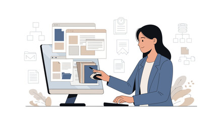 Woman Working On Computer With Data, Design, And Modern Workflow Illustration