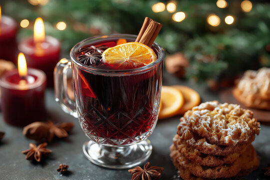 Hot mulled wine with orange slices and cinnamon sticks in a clear glass mug, placed next to festive snacks and holiday candles - Powered by Adobe