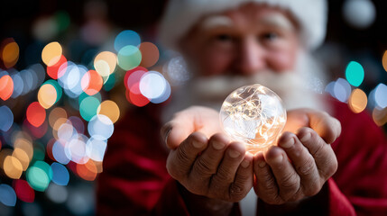 Fototapeta premium Faceless Santa holding a glowing ornament while blurred colorful lights shimmer behind, elegant festive minimalism, with copy space.