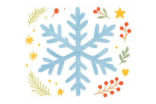 Snowflake watercolor illustration with winter berries, fir branches, and stars, creating a festive christmas decoration