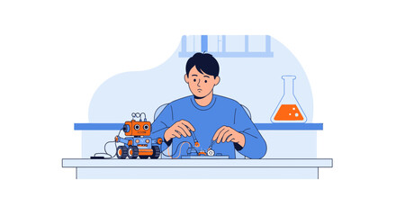 Young Engineer Assembling Robotic Hardware in Laboratory Flat Illustration