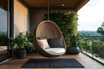 Obraz premium Relaxing woven egg shaped hanging chair with cushions on a wooden balcony surrounded by lush green plants and a scenic view