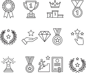 Outline icons representing awards achievements and recognition rosette trophy