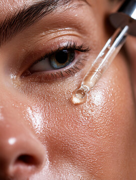 Hyperrealistic beauty advertisement shot. Extreme close-up of a dropper applying a glossy, viscous serum onto a woman's cheekbone. The skin is still damp from cleansing, catching t