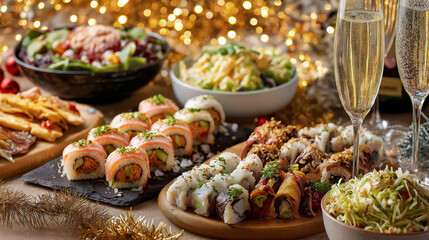 Fototapeta premium New Year’s buffet table with fusion cuisine: tacos, sushi, spring rolls, and festive drinks, decorated with glittering garlands