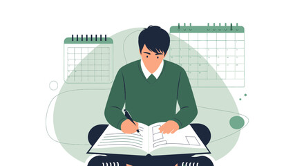 Young Man Planning Schedule, Writing In Notebook Near Calendars To Organize His Time