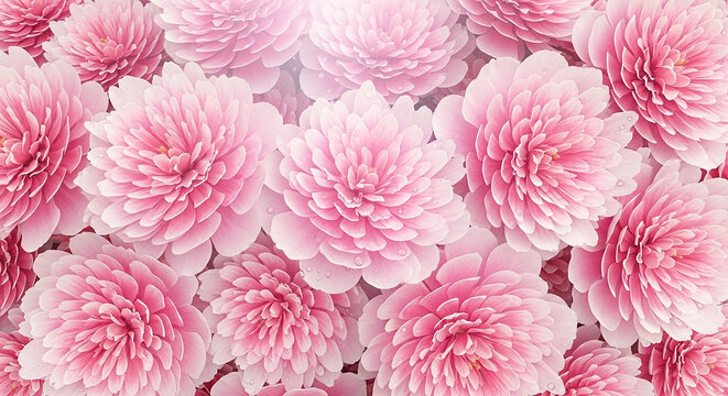 Close-up of many fluffy pink chrysanthemum flowers with water droplets chrysanthemums