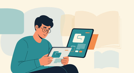 Young Man Reviews Digital Documents On Tablets While Reviewing Information And Reading