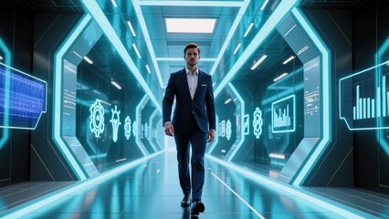 Confident businessman walking in futuristic digital corridor with glowing data icons and virtual interface - Powered by Adobe