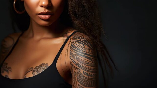 Elegant tattoo art showcased on a woman's shoulder in a dimly lit setting, highlighting intricate designs and natural beauty