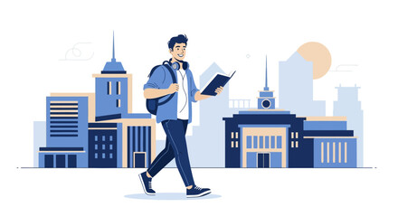 Young Man Walking And Reading Book While Enjoying His Leisure Time In The City