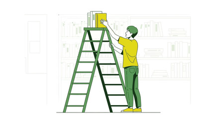 Young Person Arranging Books On A Bookshelf Using A Ladder And Creating Order