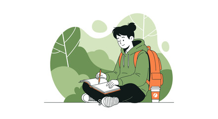 Young Person Sketches While Sat in Nature With A Coffee And Backpack