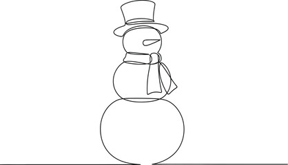 Minimalist line drawing of a snowman with a hat and scarf on a white background